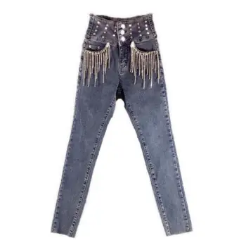 

2020 spring Autumn fashion heavy industry jeans women tassels diamond pockets high waist slim elastic pencil jeans r2498