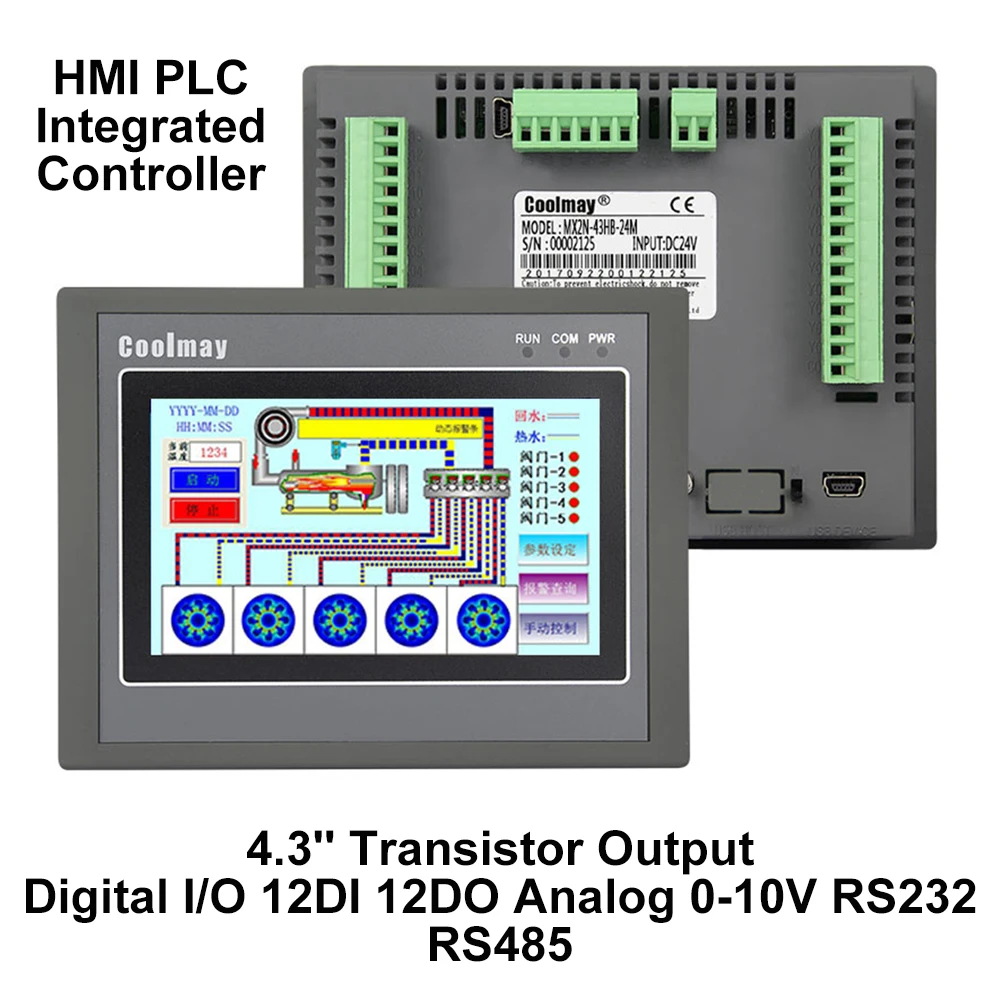US $89.62 43 Hmi Plc Integrated Controller 43inch Touch Panel Dc24v Transistor Output Digital IO 12di 12do Analog 0 10v Rs232 Rs485