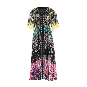 

2020 New Women Flower Print Dress Fashion V-Neck Pleated Dresses D2304