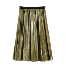 Fashion Women Metallic Silver Skirt Midi Skirt High Waist Long Skirt Metallic Pleated Skirt Party Club Ladies Clothes