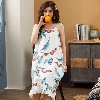 

BZEL Camisole Night Dress Cotton Sleepwear Women's Ruffles Nightie Leaf Pirnt Negligee Nightgown Sexy Nightwear Big Size M-XXXL