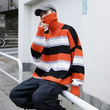 Winter Thick High Collar Sweater Men Warm Fashion Contrast Color Casual Knit Sweaters Man Sweter Loose Striped Pullover Men Winter Thick High Collar Sweater Men Warm Fashion Contrast Color Casual Knit Sweaters Man Sweter Loose Striped Pullover Men