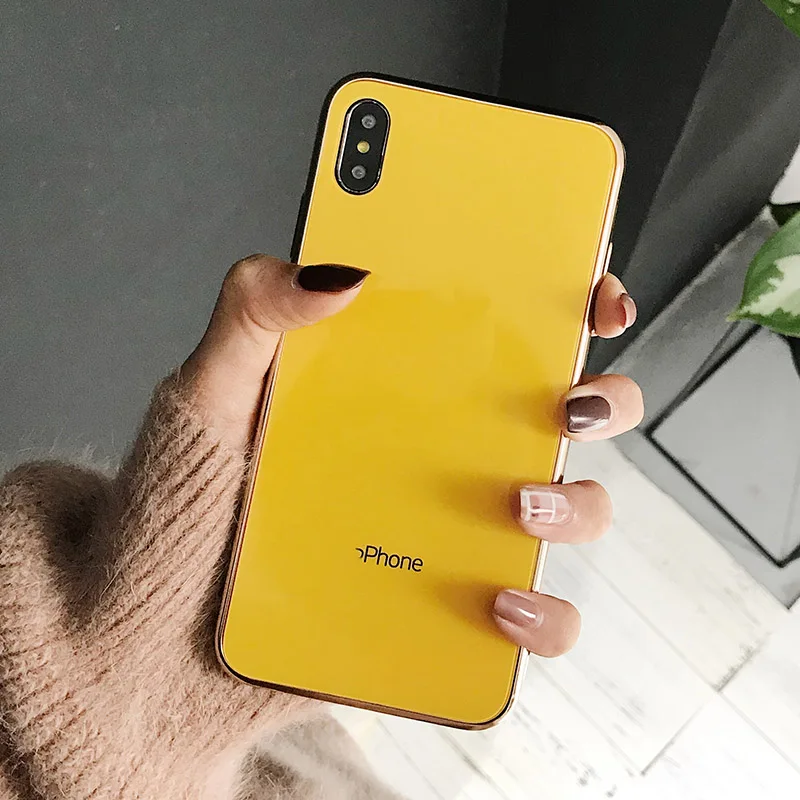 Роскошное закалённое стекло с покрытием чехол для iPhone 11 Pro Max XR XS 6s 7 8 Plus 7plus 8 Plus логотип Coque Мягкий силиконовый чехол для телефона - Цвет: Yellow