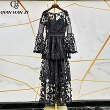 Цянь Хан Цзы дизайнерское модное подиумное Макси Платье женское с расклешенными рукавами Брендовое Ретро Сетчатое вышитое кружево аппликация длинное платье