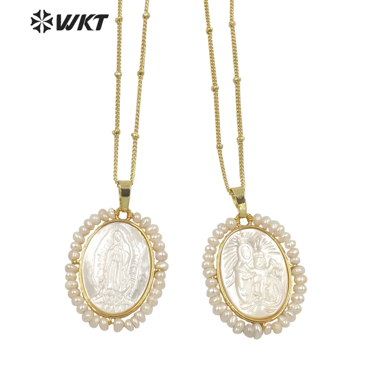 

WT-JN158 Amazing Gorgeous Handmade Wire Wrapped Pearl Gold Bezel Carved White Shell Mary Jesus Religious Pendant Necklace