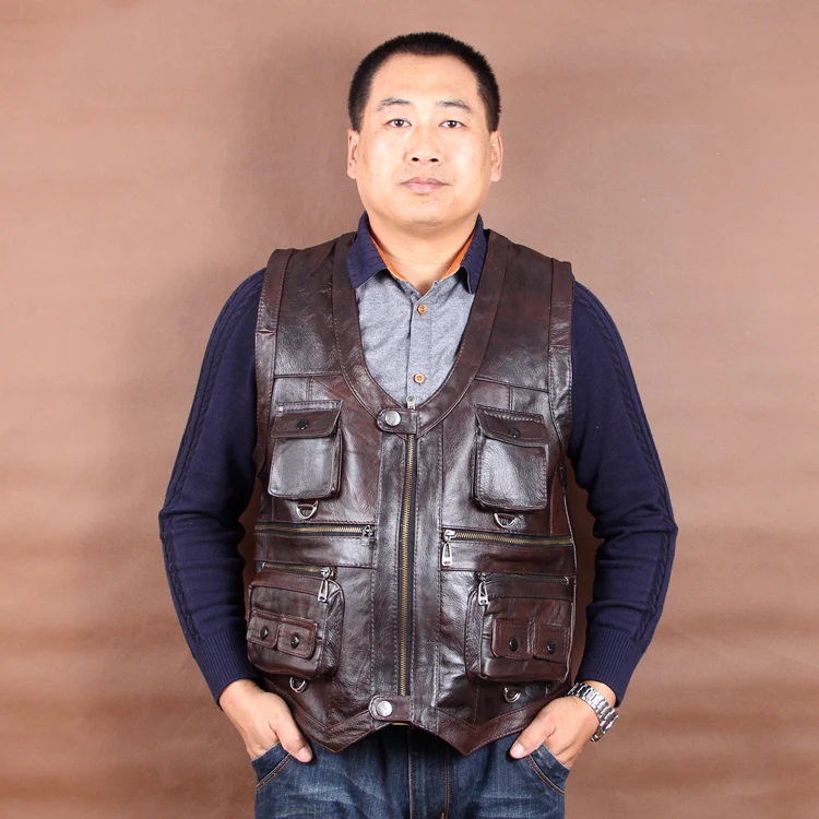 

More than 2020 new pocket vests men's thick head layer cowhide leather vest