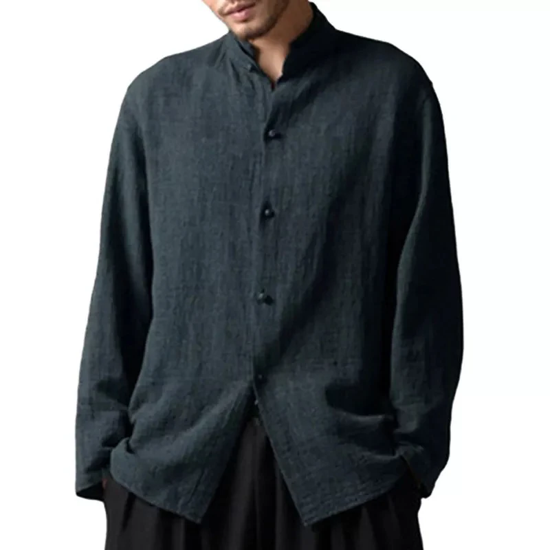 Spring Plus Size Men's Baggy Solid Cotton Linen Long Sleeve Button Shirts S-5XL Stand Collar Mens Casual Loose Tops Shirt