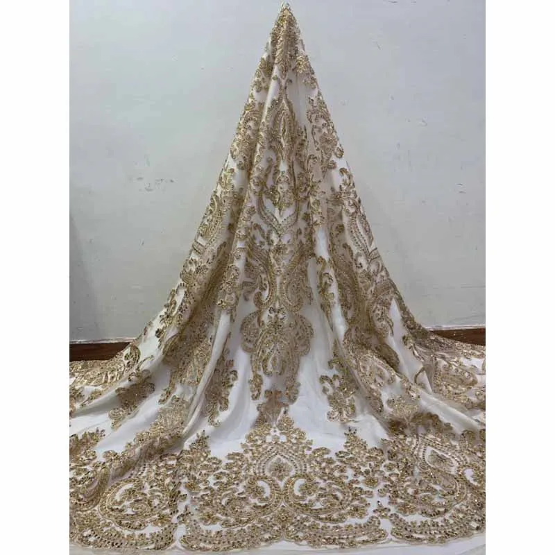 

Luxury Gold With Hand-Made Beaded Tulle Cloth French Net Lace Fabric For Wedding Dress HNZ306(5Yards/Lot)