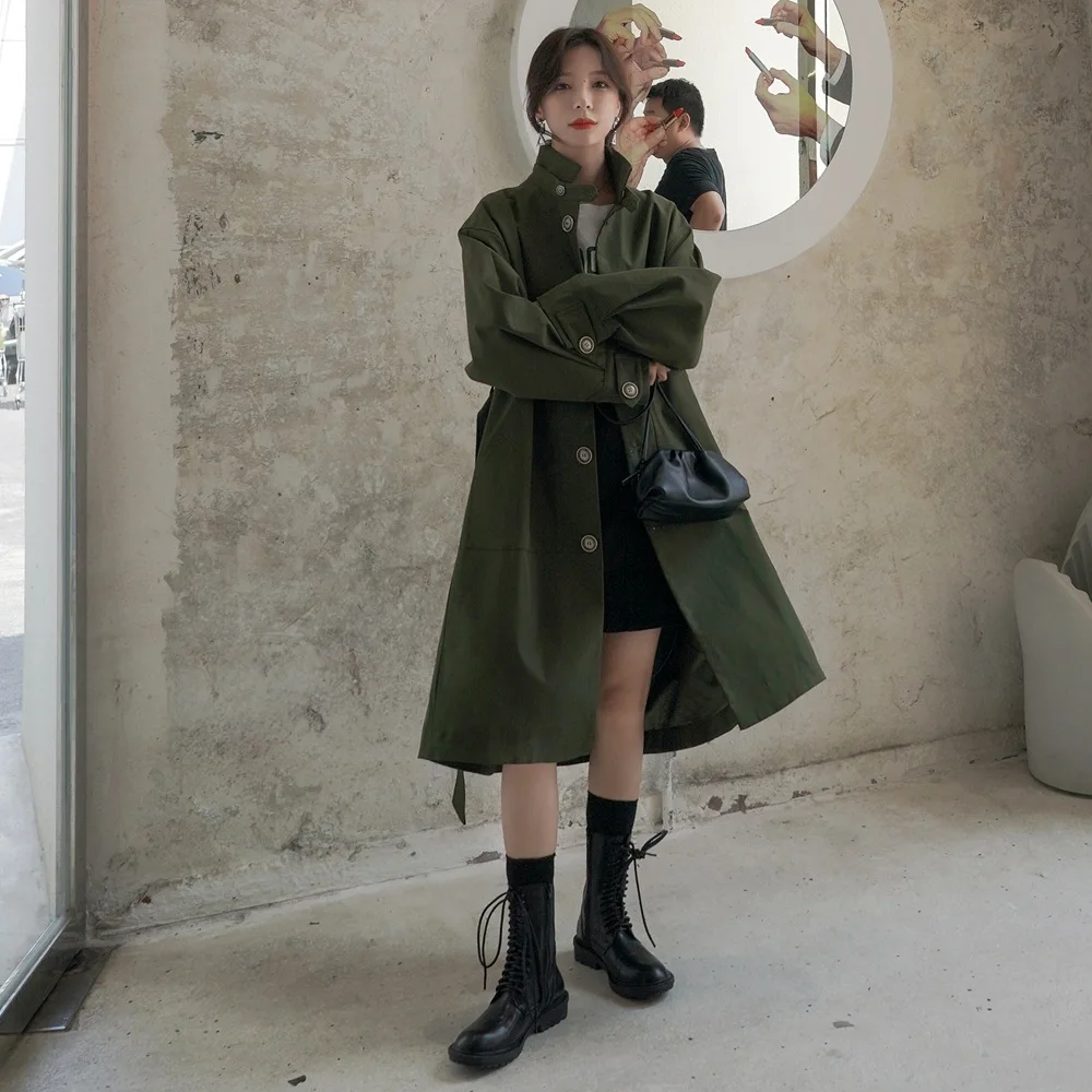 

Photo Shoot France Non-mainstream Long Pattern Coat for Women 2019 Autumn New Style Retro Hepburn Wind Army Green Stand Collar T