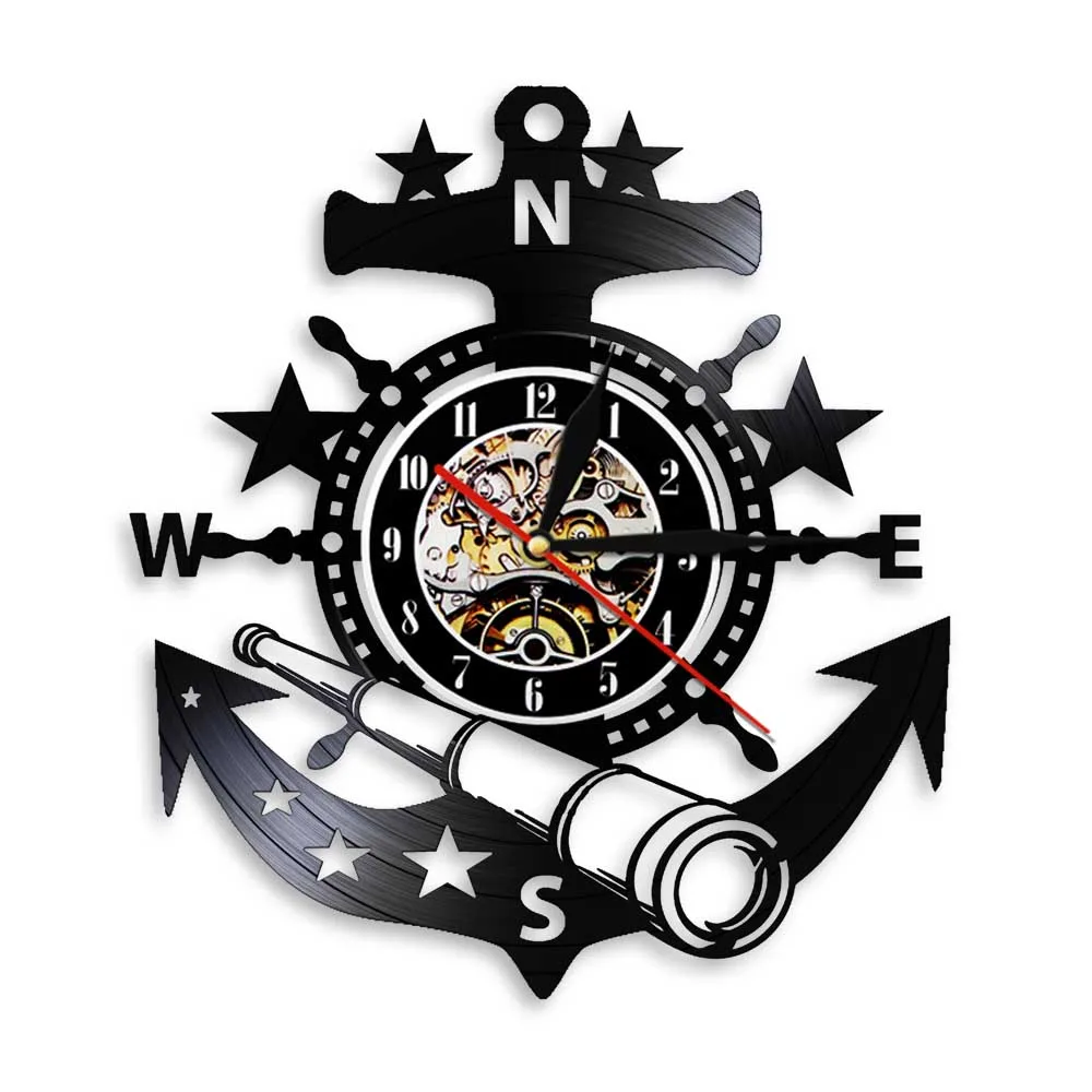 Yachting Sea Sailing Boat Wall Clcok Anchor Telescope Nautical Steering Wheel Vintage Vinyl Record Clock Decor Gift | Дом и сад