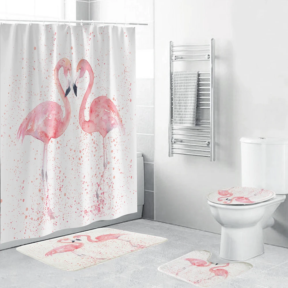 Bathroom Fabric waterproof Shower Curtain Mat & 12 Hooks 6960 Gouache flamingo 