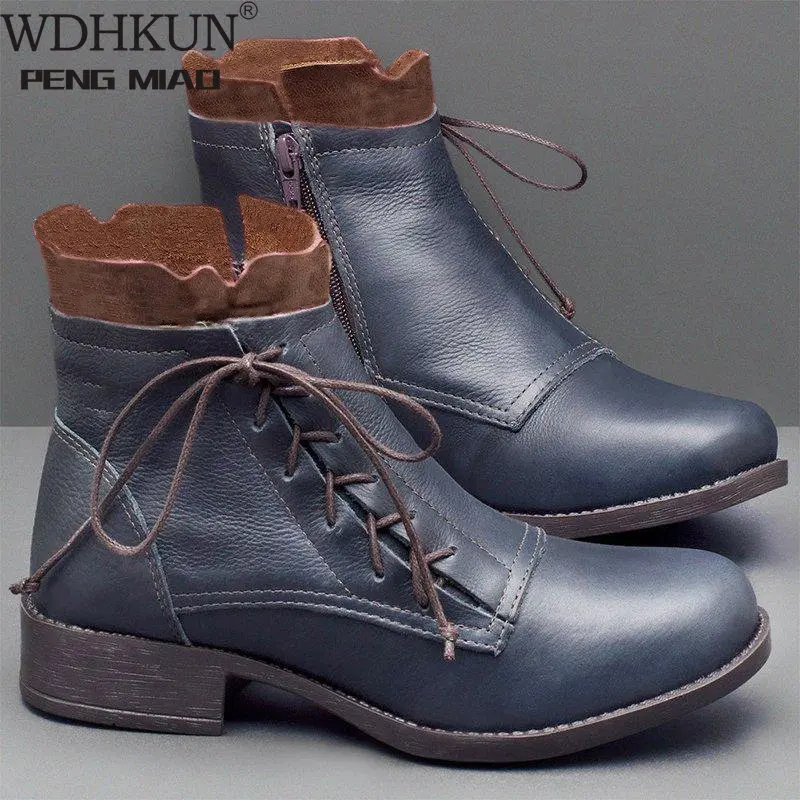 WDHKUN г. Женские ботинки осенние ботинки до середины икры из PU искусственной кожи со шнуровкой сзади однотонная обувь на низком каблуке Женская обувь