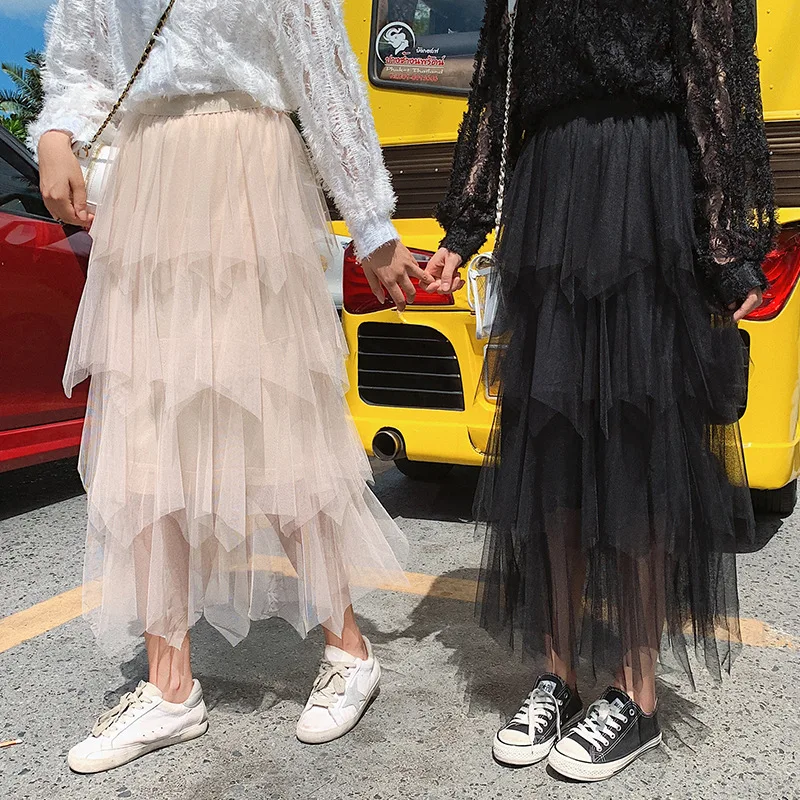 

Gauze Skirt 2019 Spring High-waisted Four Layer Irregular Skirt Gauze Mid-length Tutu