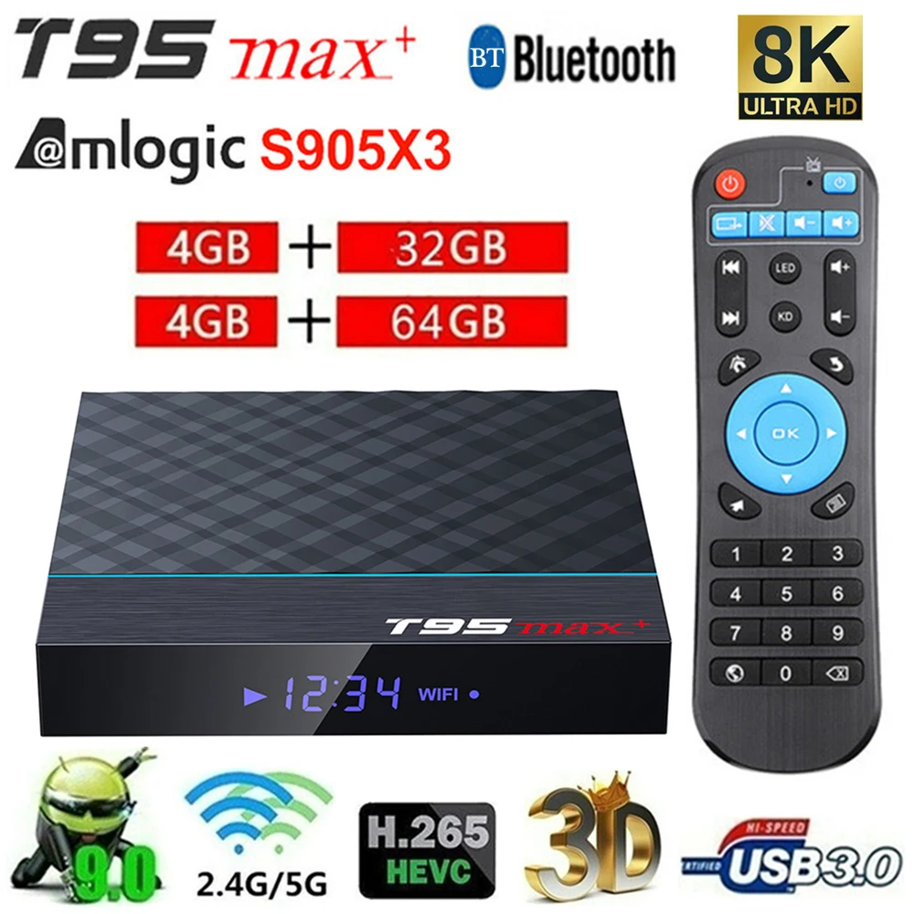 Домашний ТВ-приставка T95MAX, четырехъядерный, wifi, 6 K, 4 Гб+ 64 ГБ, Android 9,0, медиаплеер, США, ЕС, Великобритания, разъем AU