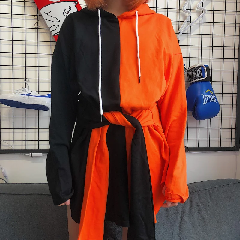 

Women Dress Straight Casual Loose Patchwork Splicing Bandage Long Sleeve Mini Dress Harajuku Hooded Dress Femme Punk Rock Dress