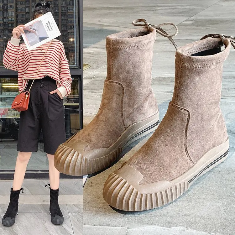 

Shell Head Suede Stretch Fabric Martin Boots Motorcycle Boots Bootie Flat Top Shoes Versatile Network Red Socks Boots WOMEN'S Sh