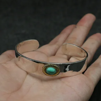 

Starfield S925 Sterling Silver Retro Thai Silver Takahashi Goro Handmade Open Ended Stylish Bangle Inlaid Turquoise Men Women