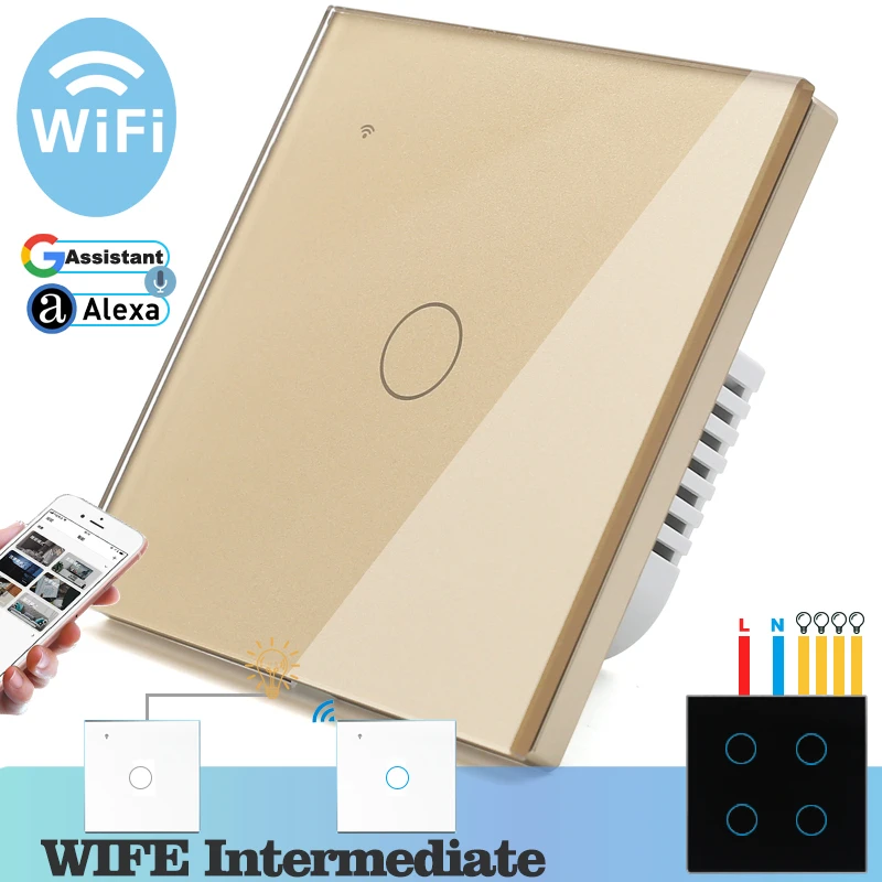 

WIFI Touch Light Wall Switch Gold Glass Panel Blue LED EU & UK Universal Smart Home Phone Control 1 Gang 2 Way relay Round