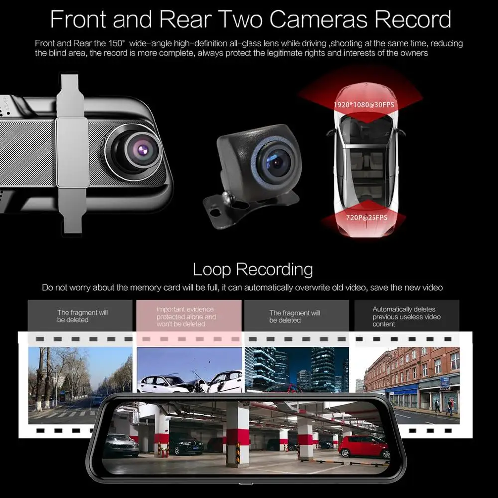 T12+ 9.66 inch Touch Screen DVR Car Camera Dual Lens Dash Cam Driving Recorder Night Vision DVR