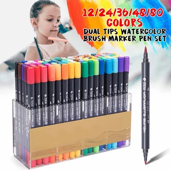 

12/24/36/48/80 Colors Dual Tips Watercolor Brush Marker Pen Set with Fineliner Tip For Drawing Design Art Marker Supplies