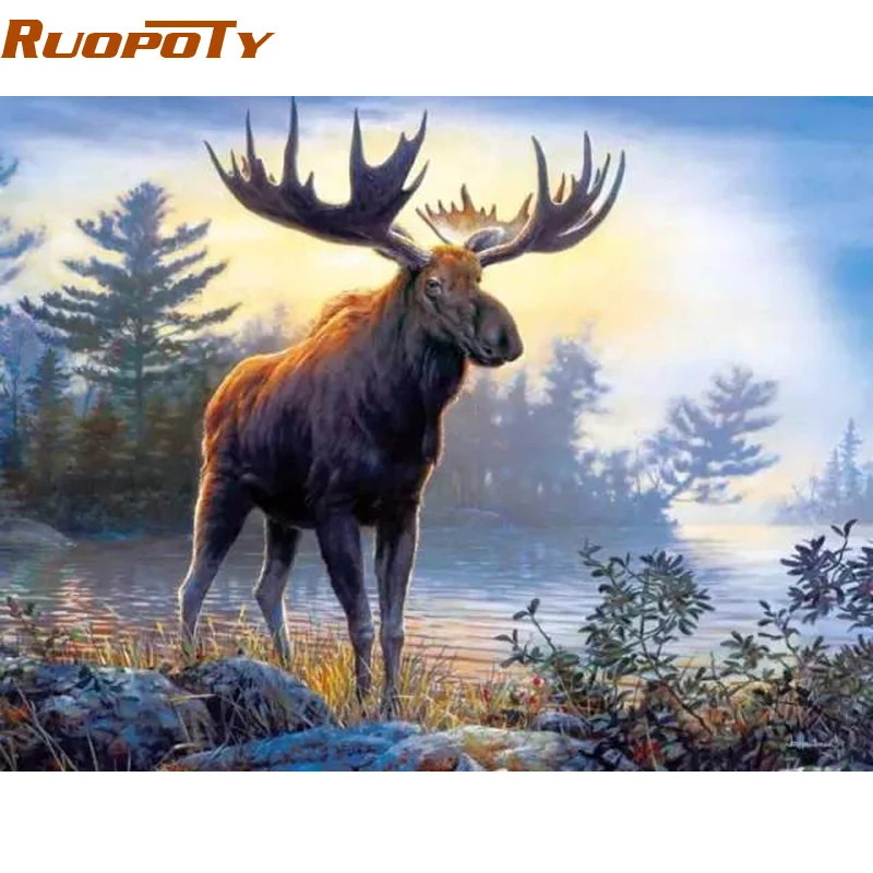 Ruopoty Рамка Картина DIY живопись комплекты номеров олень животные ручная роспись маслом Раскраска по номерам для стены искусства картины