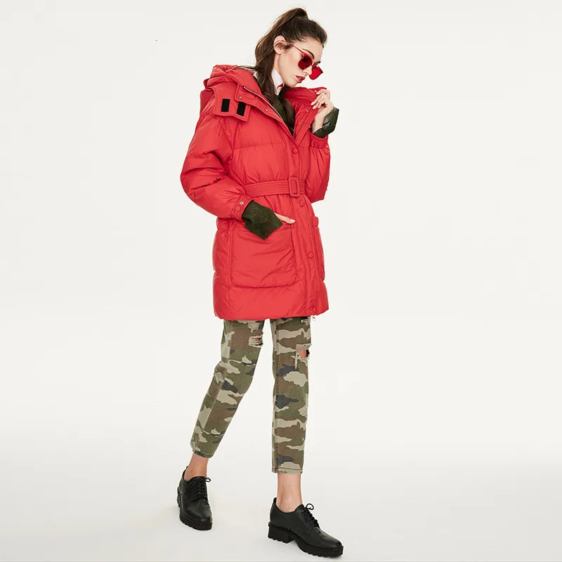 AIGYPTOS winter new women's long red and belt fashion style down jacket hooded jacket