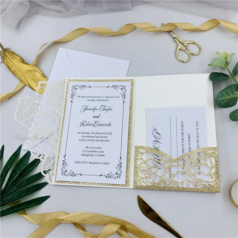  Special Glitter Rose Gold Tri-fold Laser Cut Wedding Invitations With RSVP Card & Belly Band Laser  - 4.00035E+12