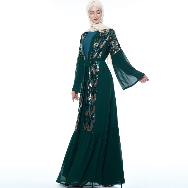 Блесток открытым Абаи кимоно турецкий хиджаб мусульманское платье Ислам Костюмы Абая для женщин Оман кафтан марокканский Восточный халат с поясом из г. Дубай Djelaba