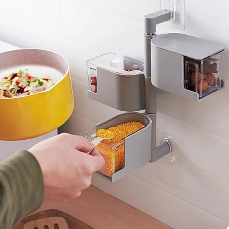 Rotating Seasoning Storage Boxes Spice Jar Condiment Box Spices Storage Wall Hanging Kitchen Organizer Kitchen Accessories