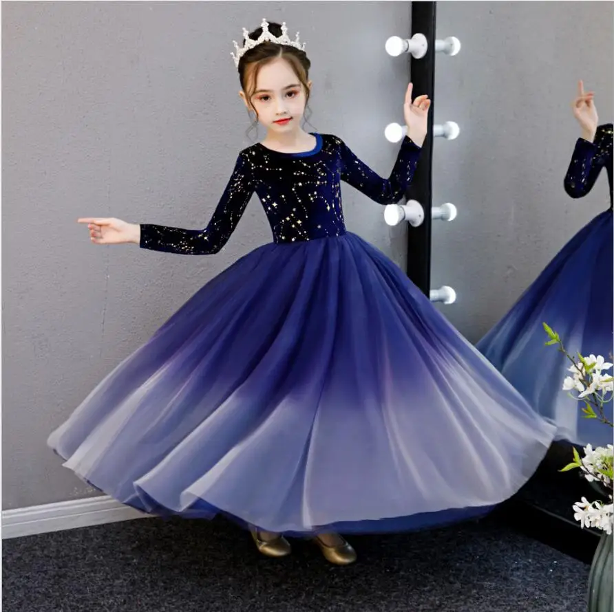 Темно-синие платья для девочек-подростков от 5 до 14 лет, Детские осенне-зимние вечерние платья с длинными рукавами, платье-пачка с цветочным узором для девочек