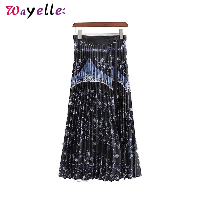 Boho женские плиссированные юбки Ретро печати лодыжки длина регулируемая черная юбка элегантное платье с запахом повседневные длинные юбки для женщин