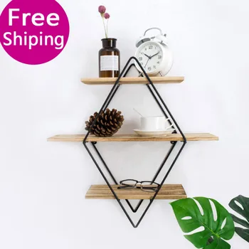

Nordic living room bedroom Metal Wall Shelf racks wrought iron wall hanging wooden wall storage rack creative wall partition