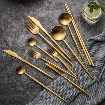 

304 Stainless Steel Gold Cutlery Set Dinner Fork Knife Spoon Chopsticks Dinnerware Set Silverware Tableware