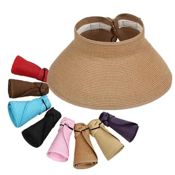 

Women's Casual Floppy Summer Sun Beach Straw Hats UPF 50 Foldable Wide Brim Visor Hat Female Sun Shade Hat With Cute Bowtie