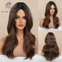 

BLONDE UNICORN Long Natural Wave Ombre Dark Brown Hair Wigs Synthetic Party Daily Use Wig for White Black Women Heat Resistant