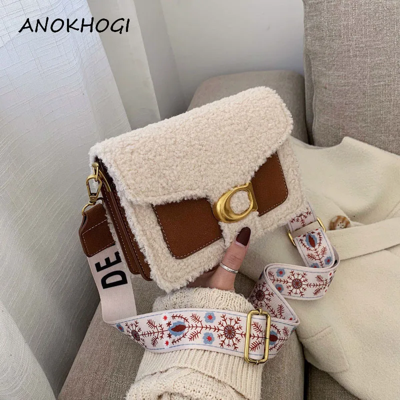 

Woolen Patchwork Women Sqaure Bags Messengers 2019 Pu Leather Handbags for women Winter Shoulder Bag B689