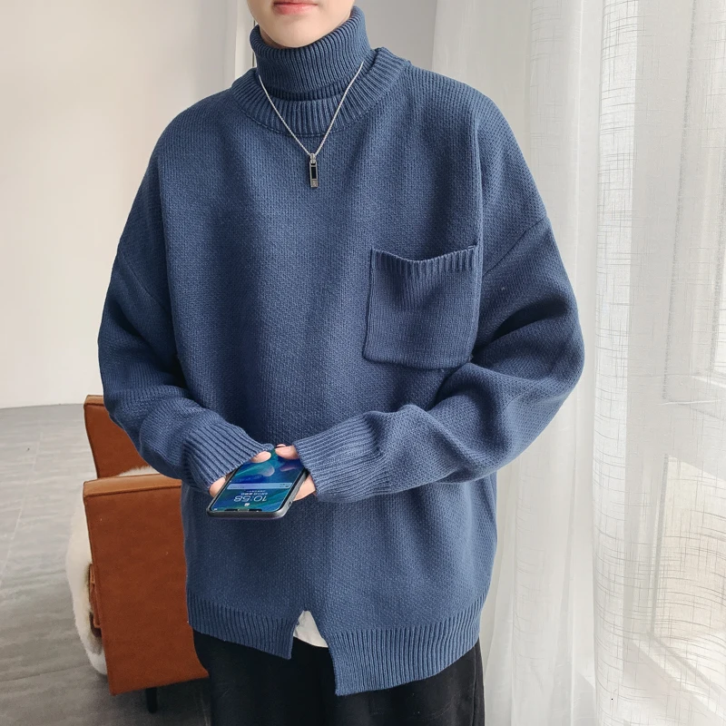 Winter High Collar Sweater Men's Warm Fashion Solid Color Casual Knit Pullover Men Loose Collar Detachable Sweater Male Clothes - Цвет: darkblue