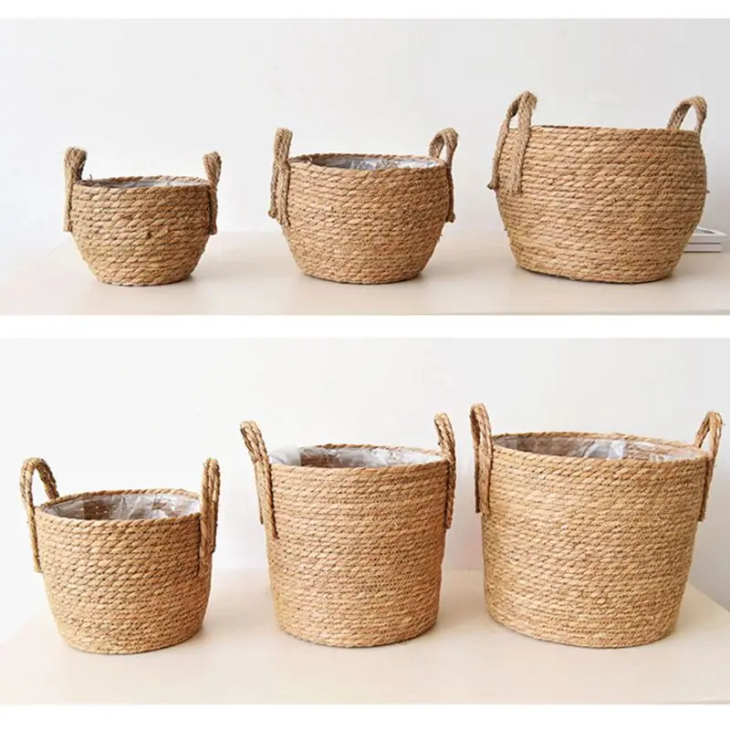 Storage-Basket Planter Crafts-Decoration Straw Rattan Handmade Living-Room Nordic Indoor