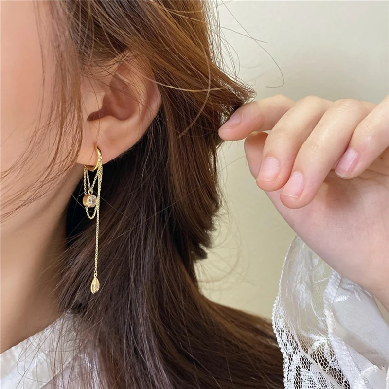 MENGJIQIAO Korean Cute Metal Circle Hoop Earrings For Women Girls Fashion Link Chain Long Tassel  Boucle d'oreille Jewelry