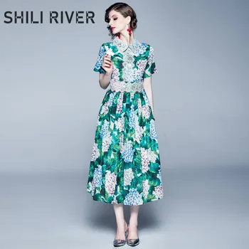 

New summer midi dress for women a line short sleeve slim elegant cute green floral print flower pleated dress with collar lace