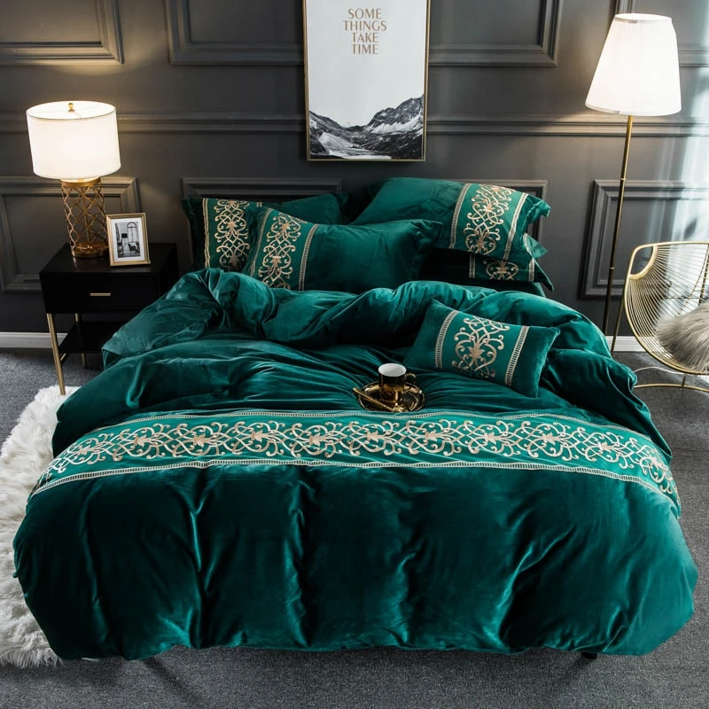 Quality Velvet Flannel Soft Warm Duvet Cover Set with Chic Embroidery Lace ...