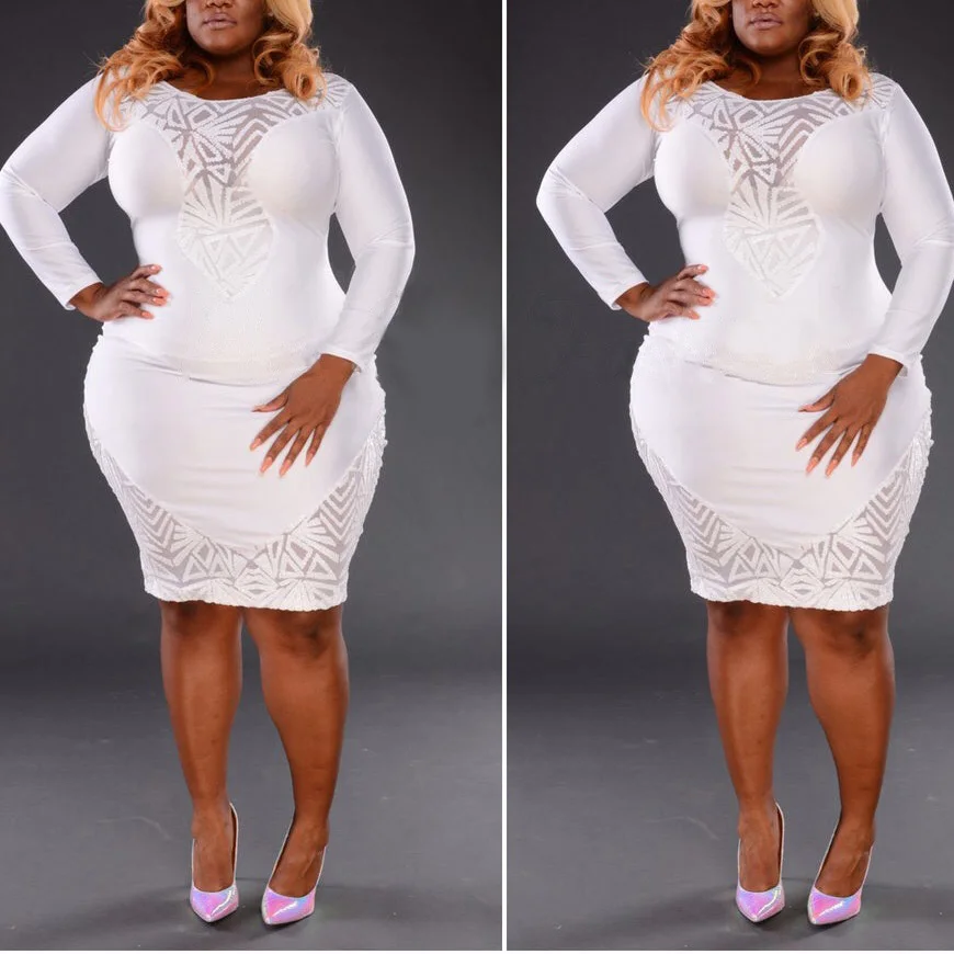 

4xl 5xl Plus Size Fashion Women Sequined Dress 2020 White Black Long Sleeve Bodycon High Waist Elegant Evening Party Midi Dress