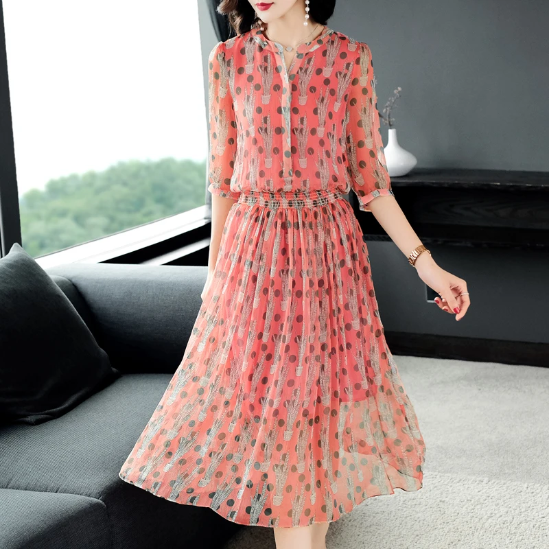 

Elegant Summer Dress Women 100% Real Silk Vestidos Korean Ladies Black Boho Polka Dot Dress Evening Party Dresses 19ZS376