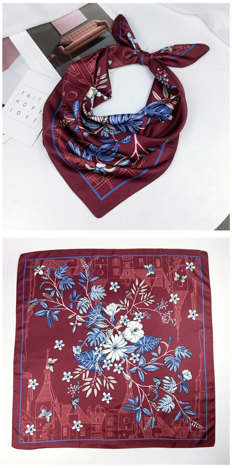 Шелковый шарф 70*70, новая мода, бант, цветочный принт, Женская шаль, атлас, маленькие квадраты, украшение на голову, шарфы
