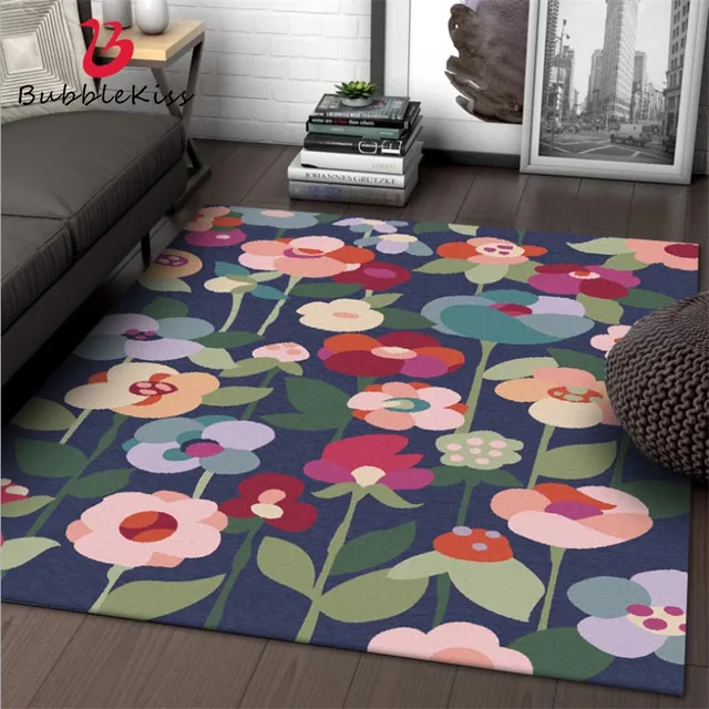 Bubble Kiss Nordic Style Vintage Dark Blue Floral Pattern Carpet Polyester Area Rugs for Living Room Non-slip Home Decor Mats 1