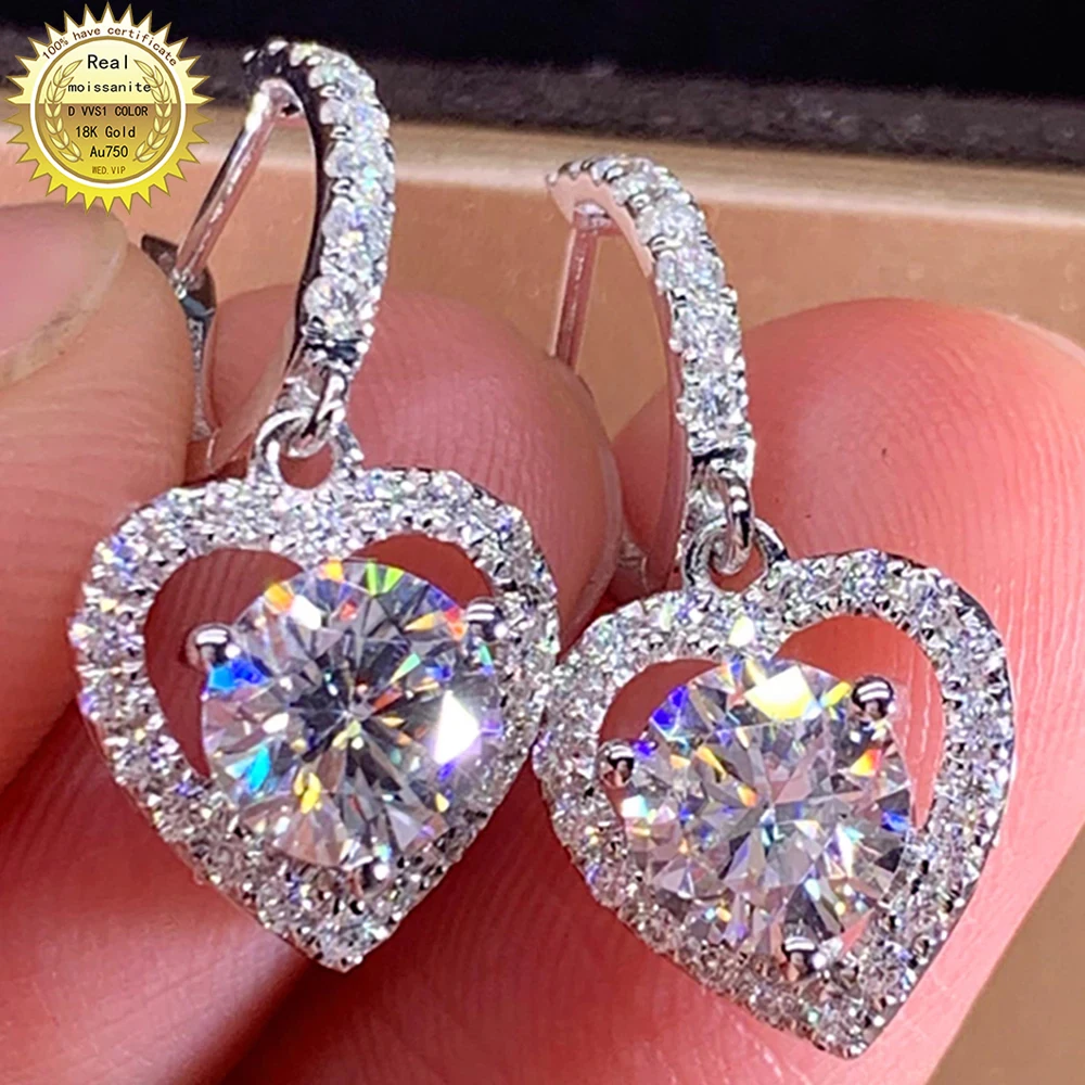 

14K White Gold Women Drop Clip Hoop Earrings U Moissanite Diamonds 0.5 1 2 3 Ct Heart Round Wedding Party Engagement Anniversary