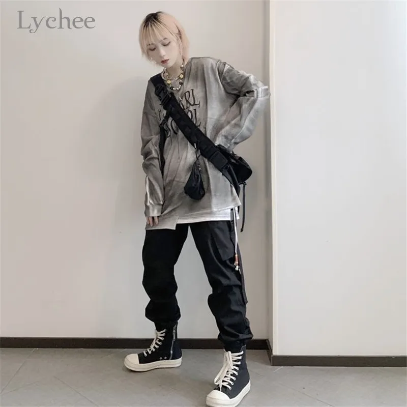 Lychee Harajuku яркое женское спортивный костюм с дырками в стиле пэчворк Женский свитшот с принтом в виде надписи женские пуловеры толстовка