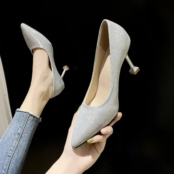 

Women's high heels 2019 autumn new 41 large size single shoes Korean stiletto pointed shallow mouth sequins silver wedding shoes