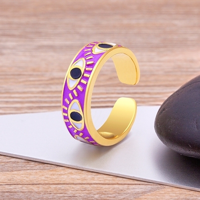 Handmade Enamel Multi-Colors Stackable Band Ring Women Gold Plated Dripping Oil 9 Colors Evil Eye Rainbow Ring Adjustable