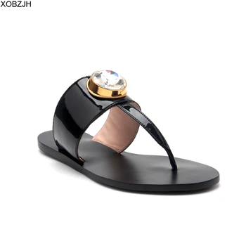 

XOBZJH Shoes Women Summer Flat flip flops Sandals 2020 Fashion Luxury Rhinestone Ladies Party Leather Black Slippers Shoe Woman